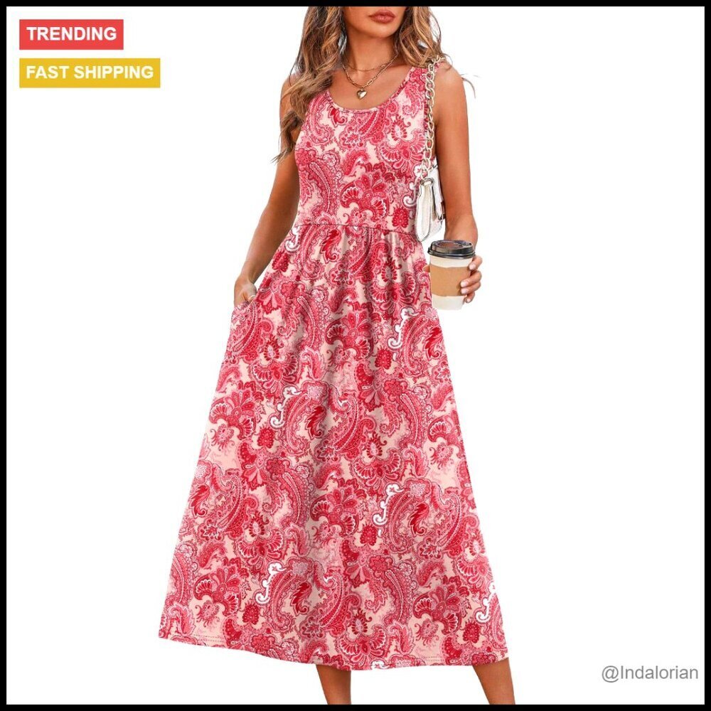 Flowy Midi Dress Casual Chic Summer Boho A-Line with Pockets